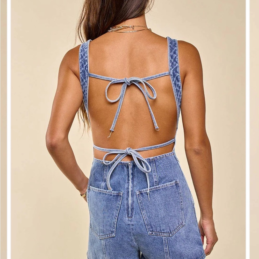 Blue Blush Denim Jumpsuit with Open Back and Tie Closure